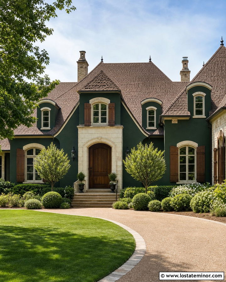 Hunter Green House With Limestone And Brown Shutters - 30 Hunter Green House Design With Shutters Ideas