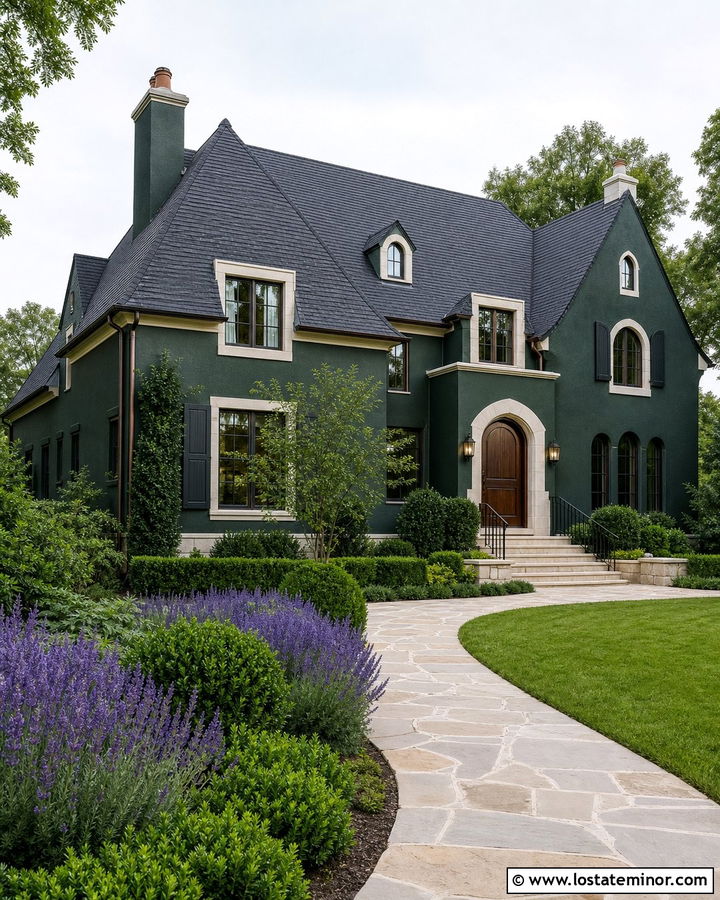Hunter Green House With Limestone Entry Steps - 30 Hunter Green House Design With Steps Ideas