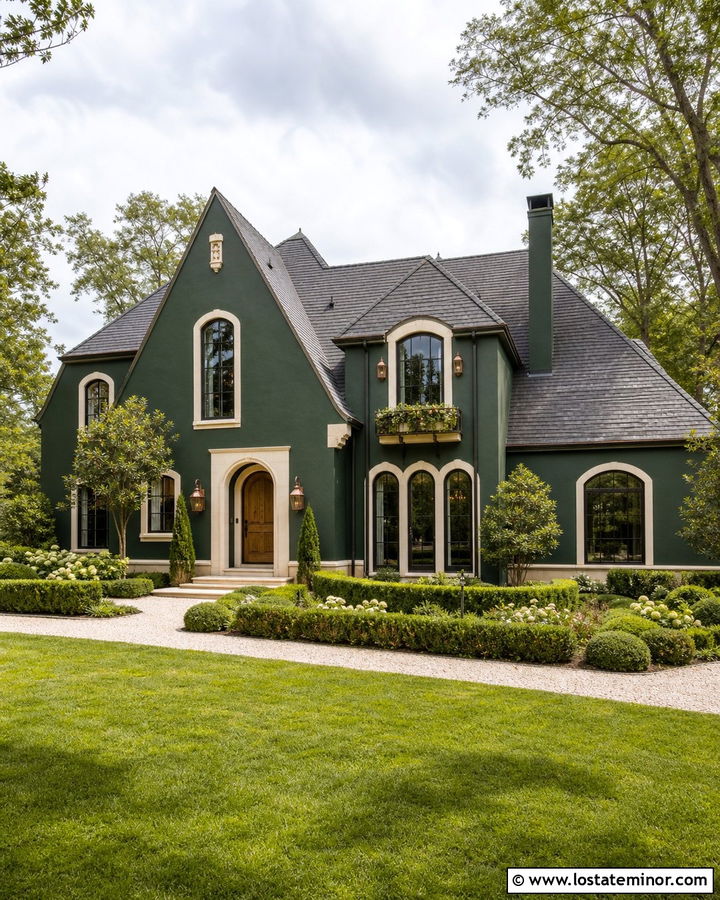 Hunter Green House With Limestone Trim And Bronze Windows - 30 Hunter Green House Design With Trim Ideas
