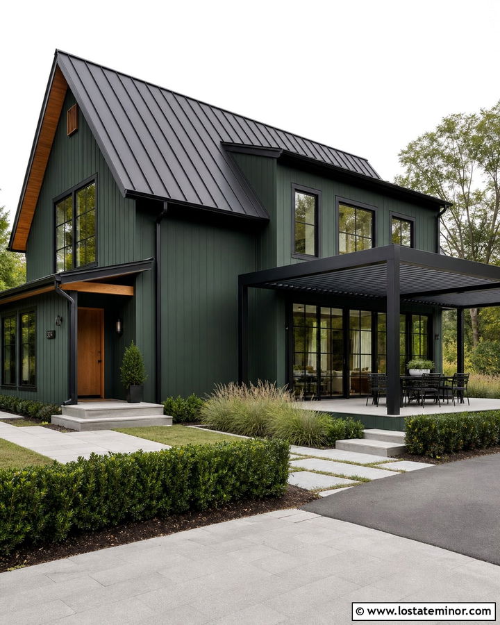 Hunter Green House With Louvered Pergola - 30 Hunter Green House Design With Pergola Ideas