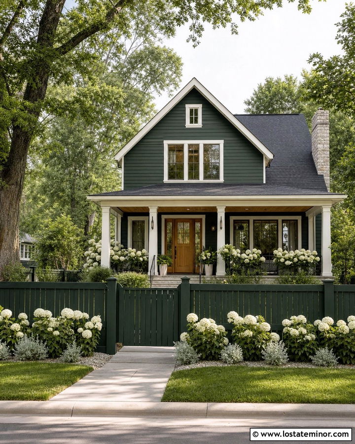 Hunter Green House With Matching Green Fence - 30 Hunter Green House Design With Fence Ideas