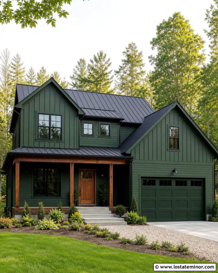 Hunter Green House With Matching Trim And Wood Porch - 30 Hunter Green House Design With Trim Ideas
