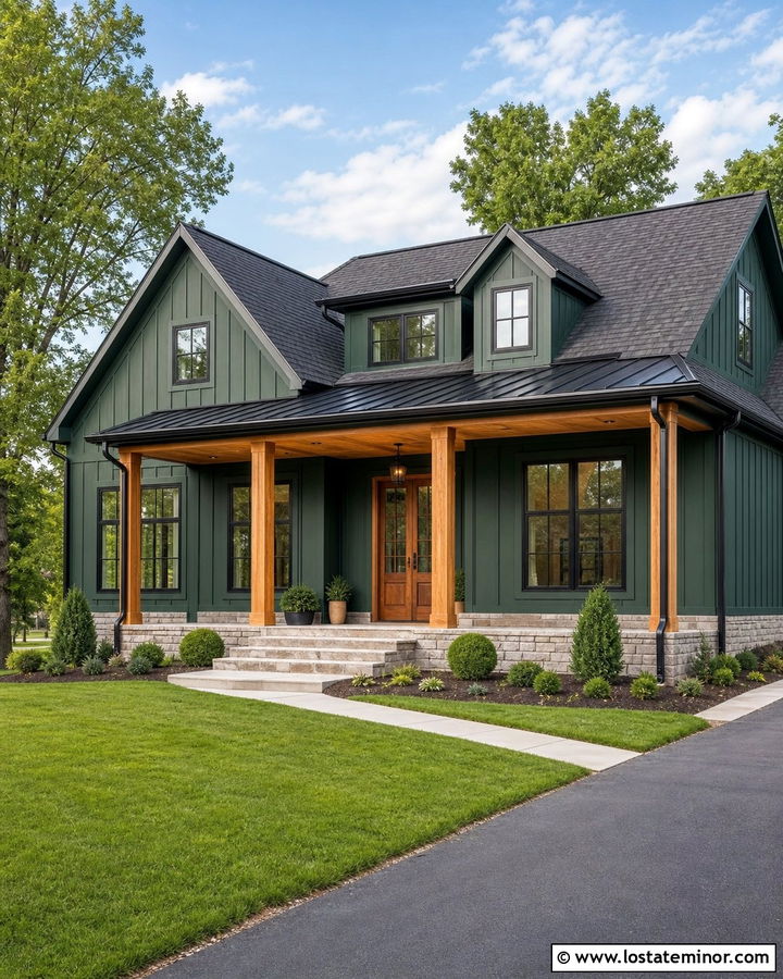Hunter Green House With Metal Porch Roof And Columns - 30 Hunter Green House Design With Porch Columns Ideas