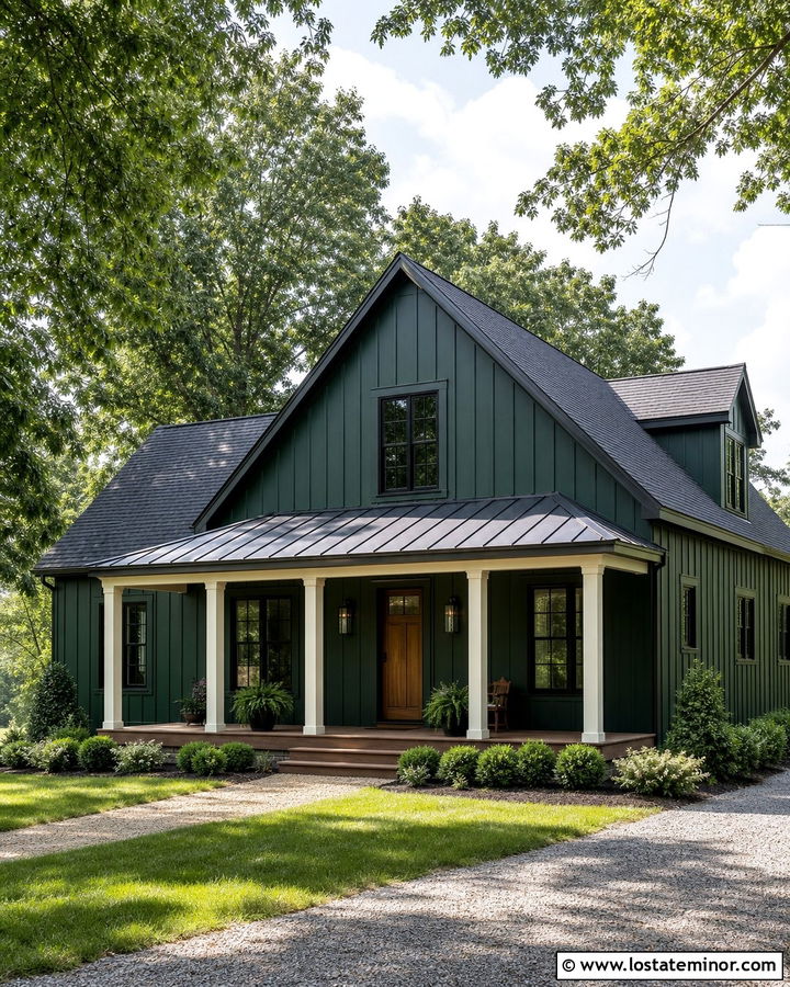 Hunter Green House With Metal Porch Roof - 30 Hunter Green House Design With Front Porch Ideas