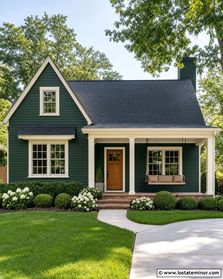 Hunter Green House With Metal Porch Swing - 30 Hunter Green House Design With Swing Ideas