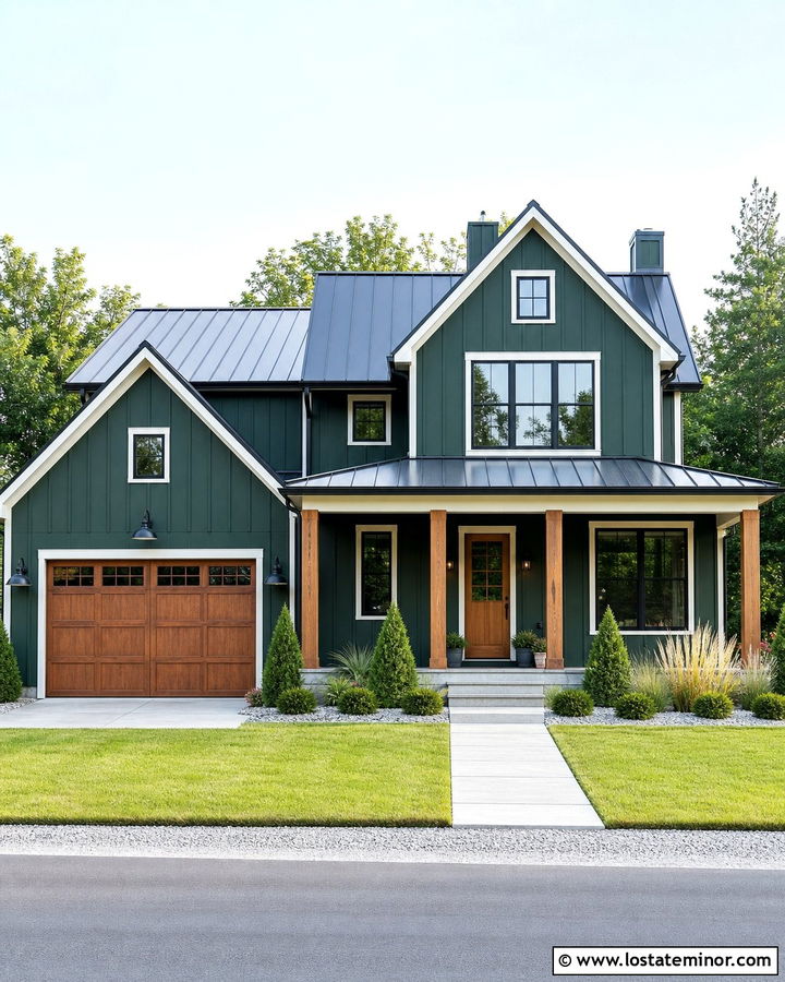 Hunter Green House With Metal Roof And Barn Lights - 30 Hunter Green House Design With Lighting Ideas