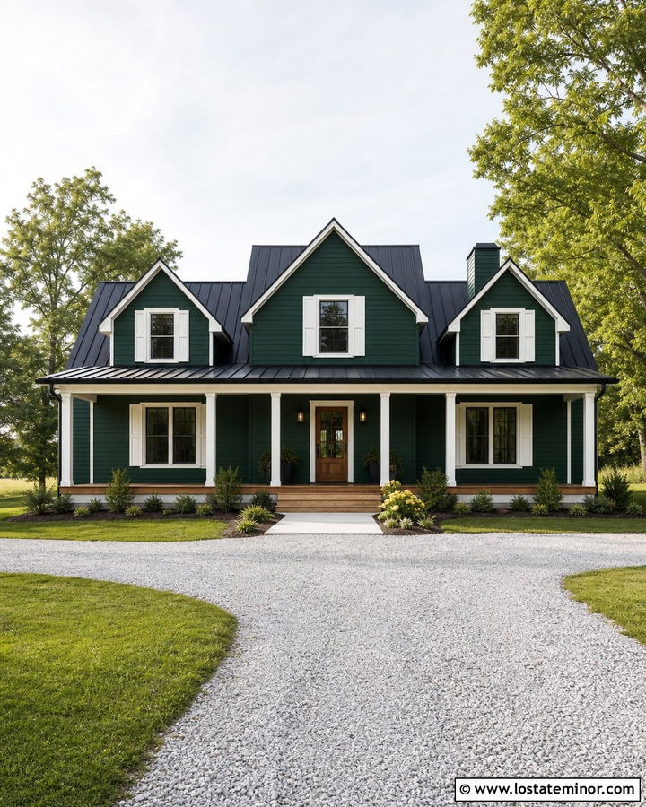 Hunter Green House With Metal Roof And White Shutters - 30 Hunter Green House Design With Shutters Ideas