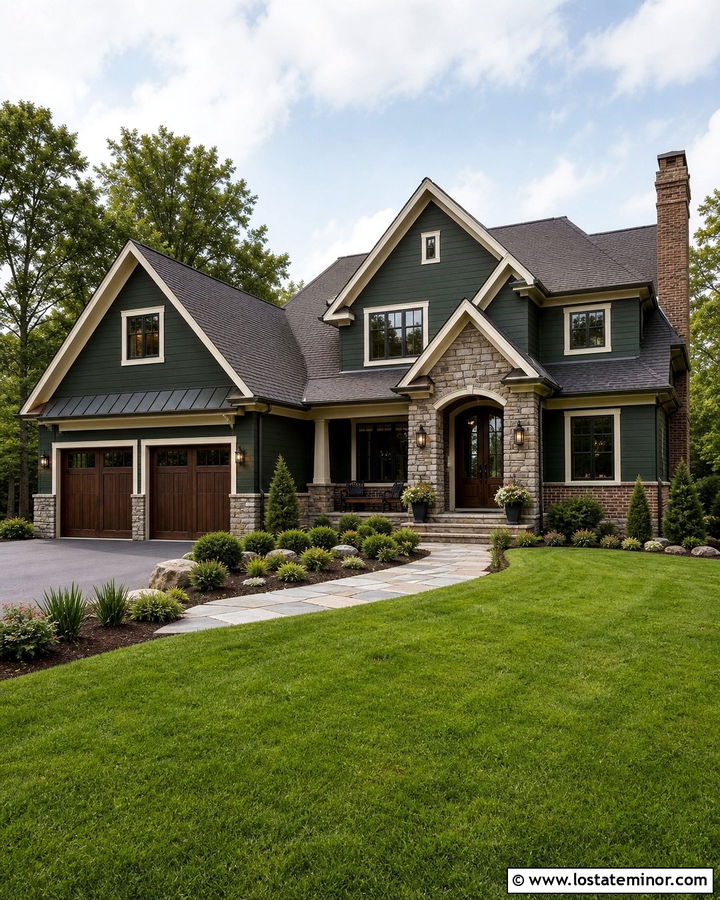 Hunter Green House With Mixed Stone And Brick Wainscoting - 30 Hunter Green House Design With Wainscoting Ideas
