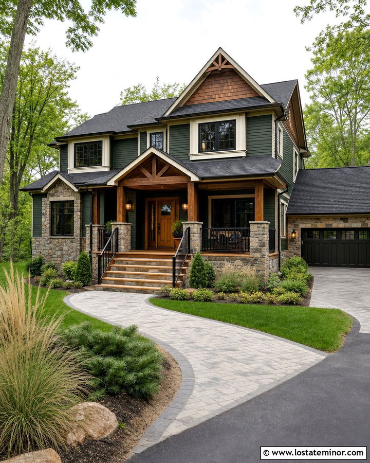 Hunter Green House With Mixed Stone And Wood Steps - 30 Hunter Green House Design With Steps Ideas