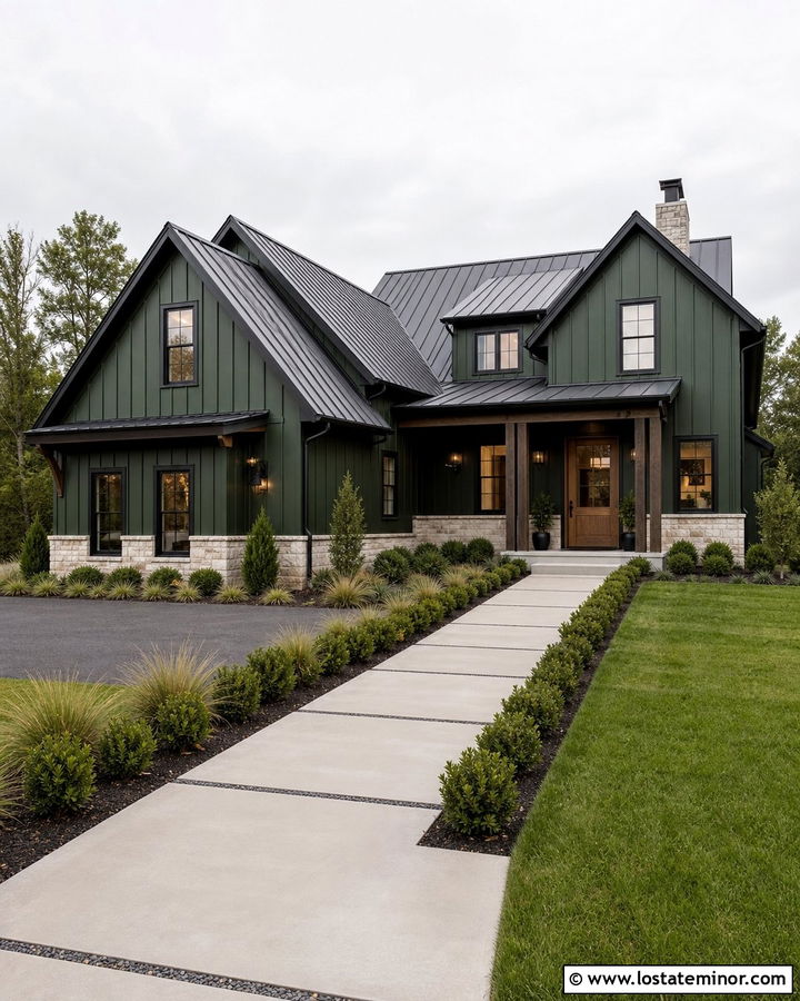 Hunter Green House With Modern Concrete Walkway - 30 Hunter Green House Design With Walkway Ideas
