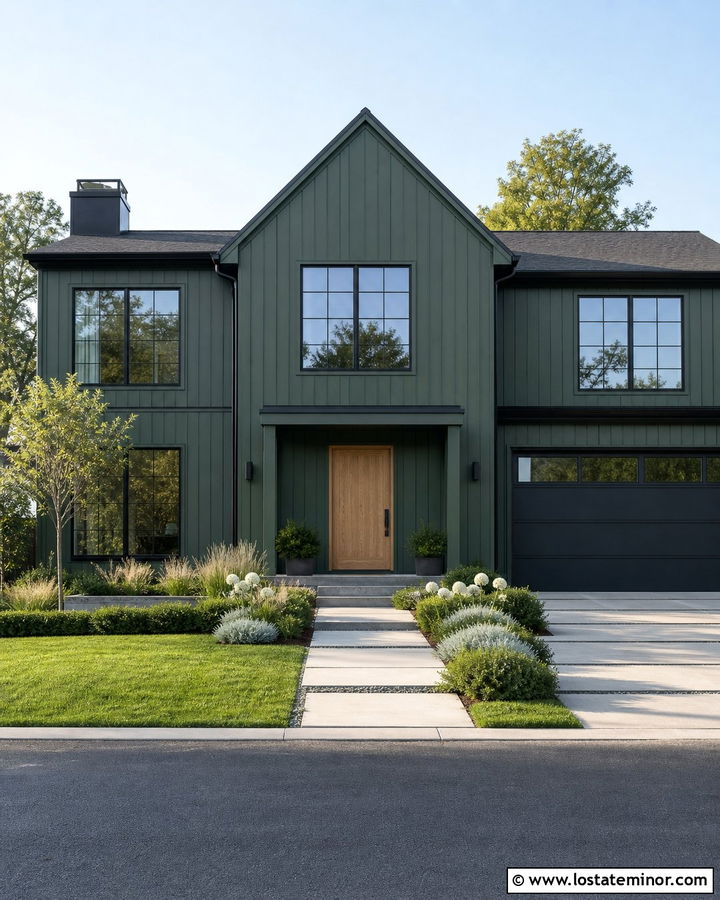 Hunter Green House With Modern Concrete Walkway - 30 Hunter Green House Design With Front Yard Ideas