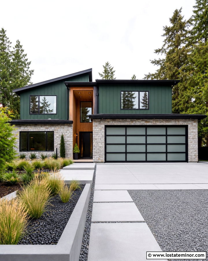 Hunter Green House With Modern Glass Garage Door - 30 Hunter Green House Design With Garage Door Ideas