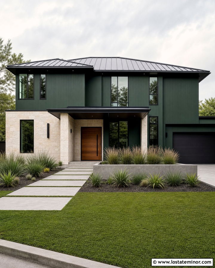 Hunter Green House With Modern Pivot Entry Door - 30 Hunter Green House Design With Entry Door Ideas
