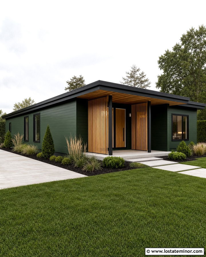 Hunter Green House With Modern Wood Slat Porch - 30 Hunter Green House Design With Front Porch Ideas