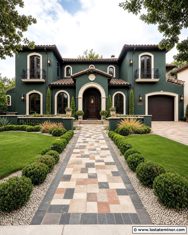 Hunter Green House With Mosaic Paver Walkway - 30 Hunter Green House Design With Walkway Ideas