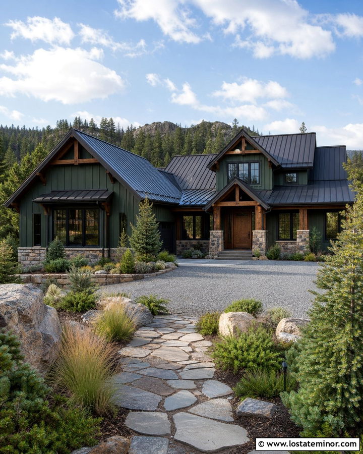 Hunter Green House With Mountain Landscaping - 30 Hunter Green House Design With Front Yard Ideas