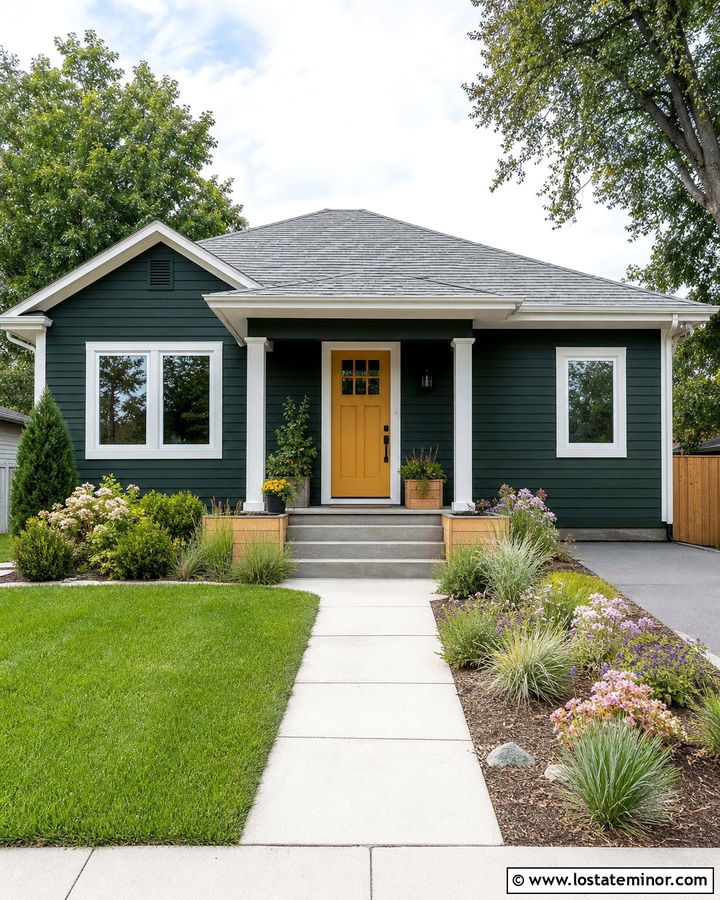 Hunter Green House With Mustard Yellow Entry Door - 30 Hunter Green House Design With Entry Door Ideas