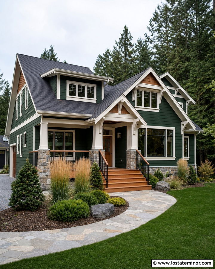 Hunter Green House With Natural Cedar Deck - 30 Hunter Green House Design With Deck Ideas