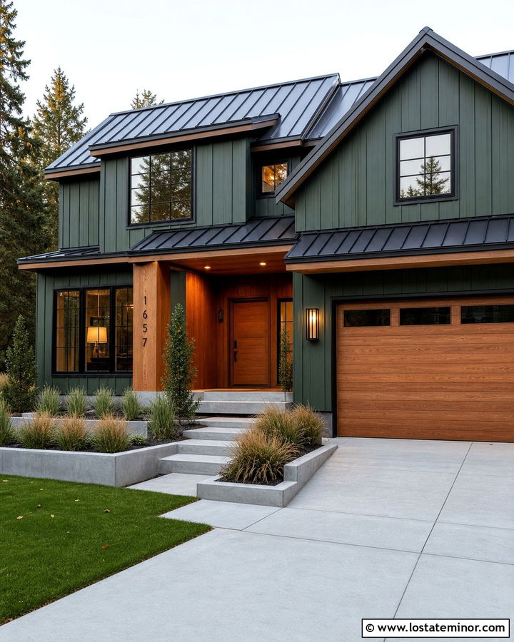 Hunter Green House With Natural Wood And Cage Lights - 30 Hunter Green House Design With Light Fixtures Ideas
