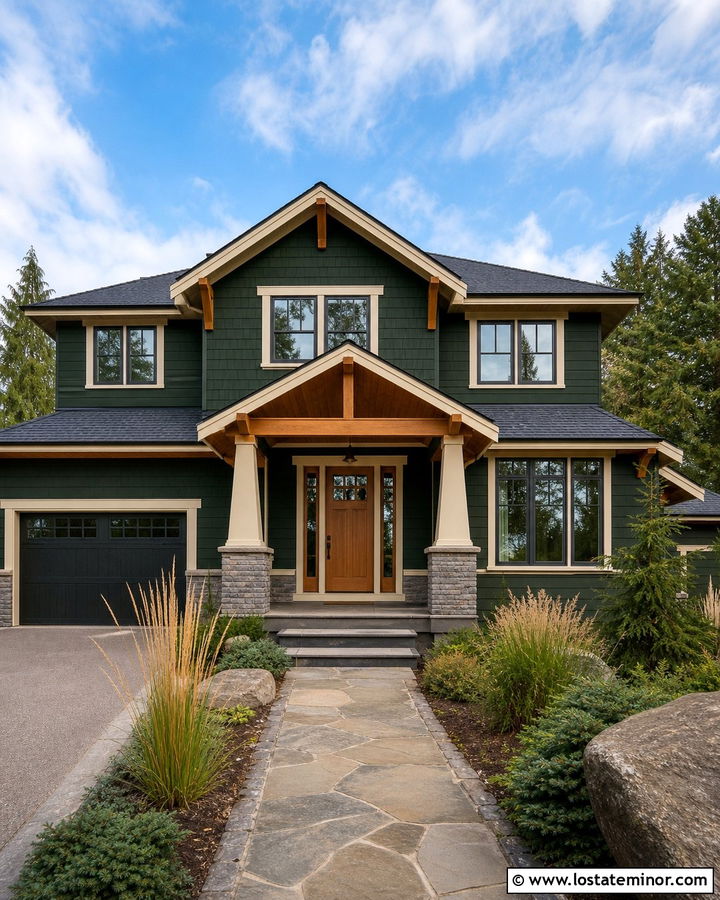 Hunter Green House With Natural Wood Entry Door - 30 Hunter Green House Design With Entry Door Ideas