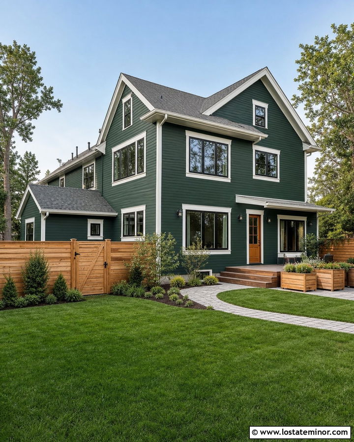 Hunter Green House With Natural Wood Fence - 30 Hunter Green House Design With Backyard Ideas
