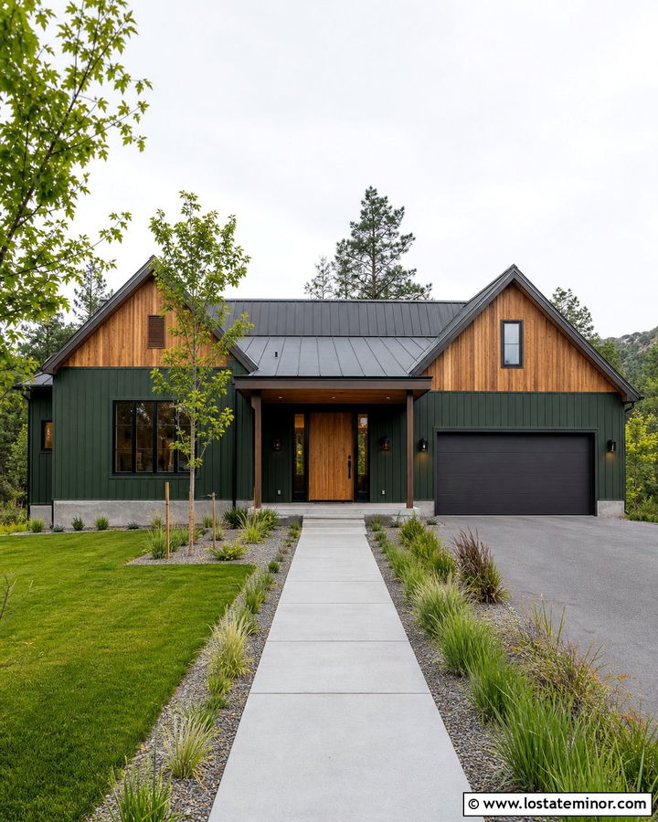 Hunter Green House With Natural Wood Gables - 30 Hunter Green House Design With Gables Ideas