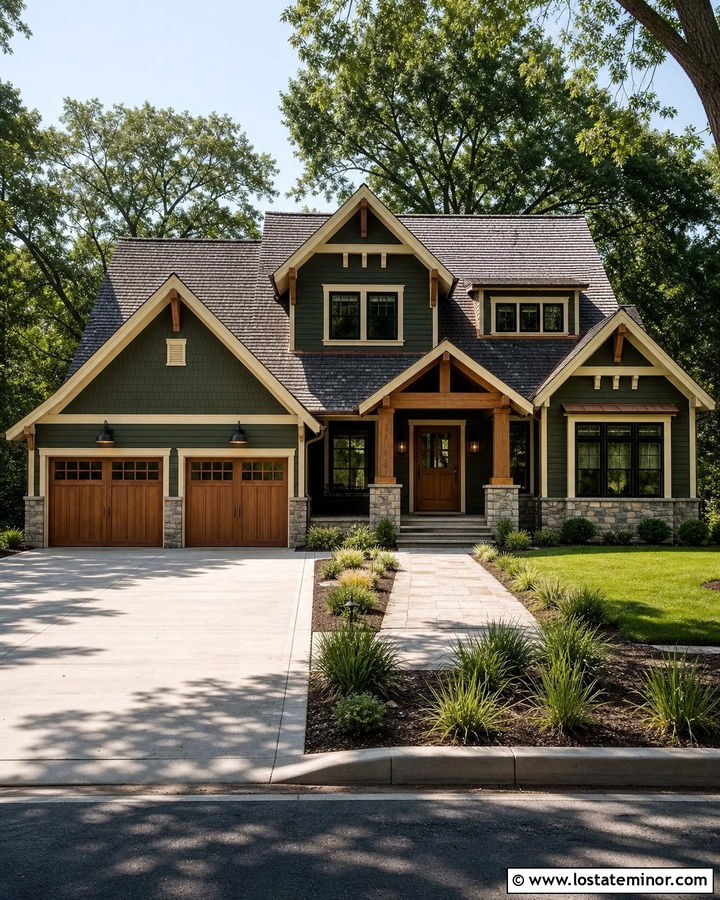 Hunter Green House With Natural Wood Garage And Shingles - 30 Hunter Green House Design With Shingles Ideas