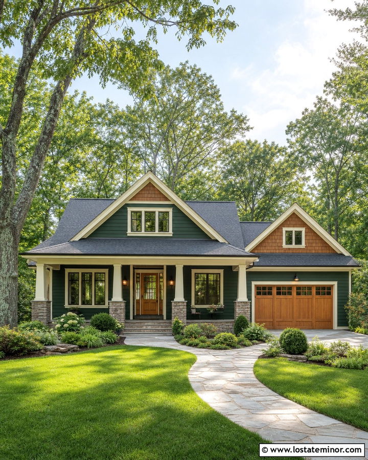 Hunter Green House With Natural Wood Garage Door - 30 Hunter Green House Design With Garage Door Ideas