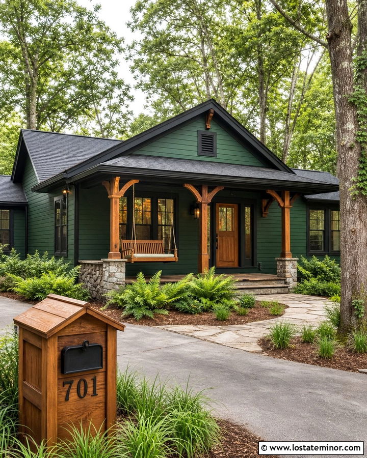 Hunter Green House With Natural Wood Mailbox - 30 Hunter Green House Design With Mailbox Ideas