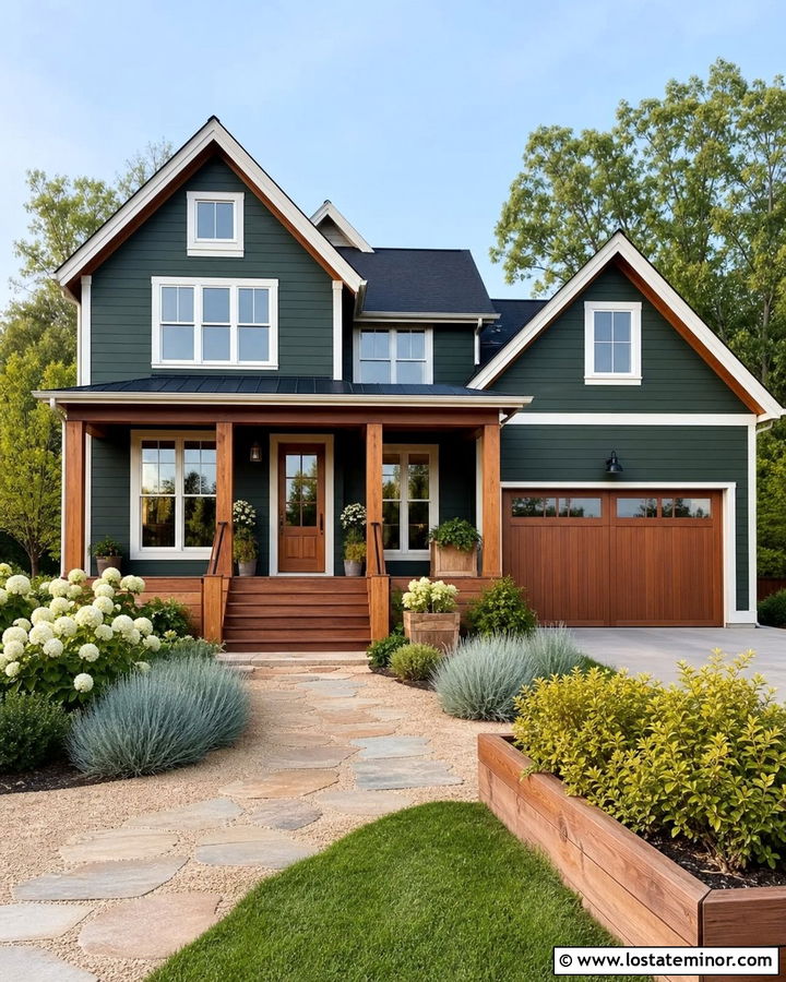 Hunter Green House With Natural Wood Porch - 30 Hunter Green House Design With Front Yard Ideas