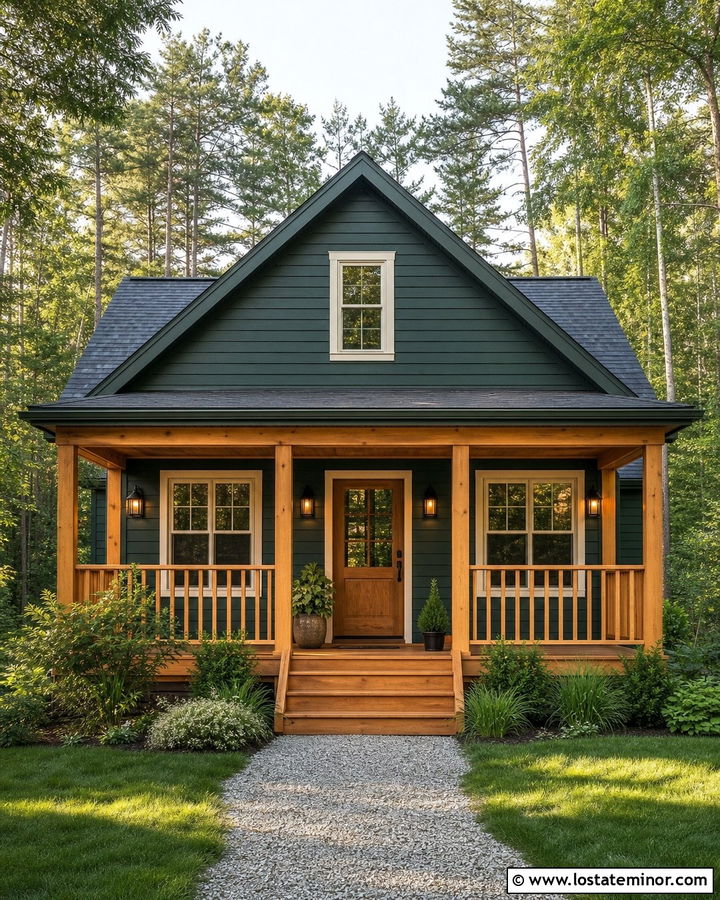 Hunter Green House With Natural Wood Porch - 30 Hunter Green House Design With Front Porch Ideas