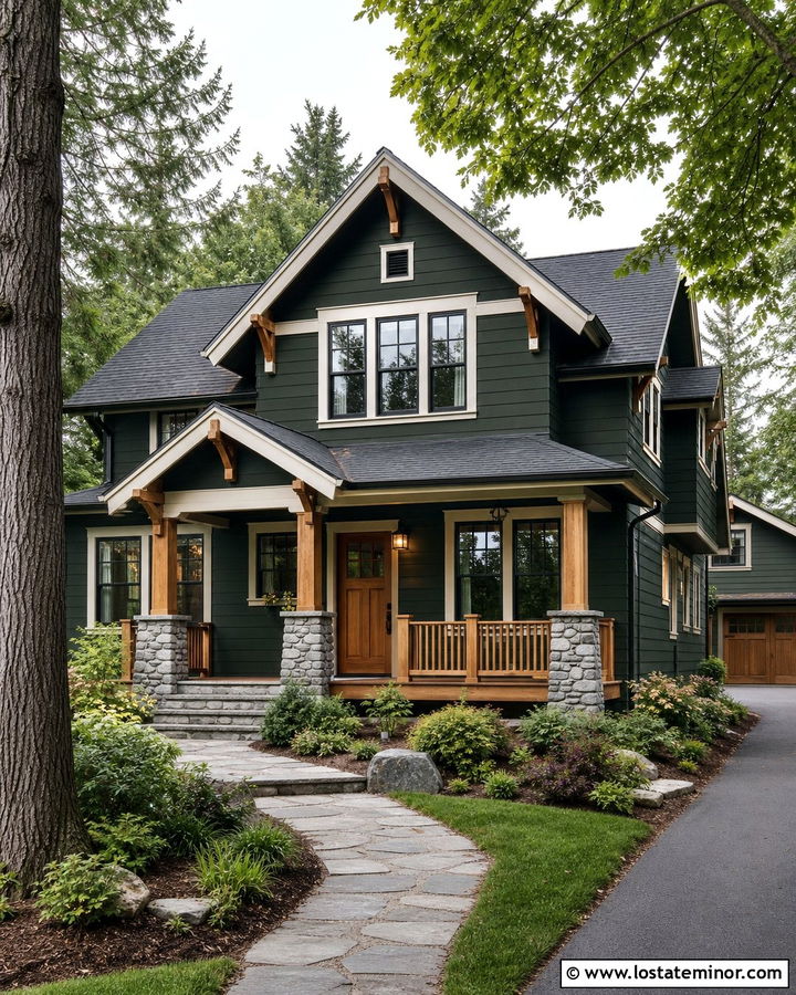 Hunter Green House With Natural Wood Railings - 30 Hunter Green House Design With Railings Ideas