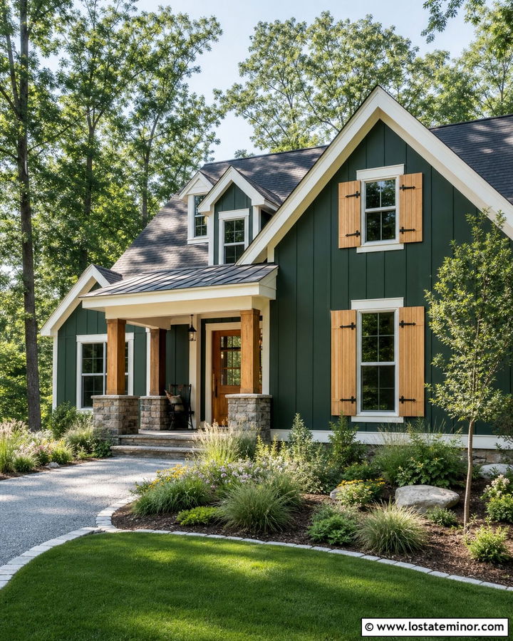 Hunter Green House With Natural Wood Shutters - 30 Hunter Green House Design With Shutters Ideas
