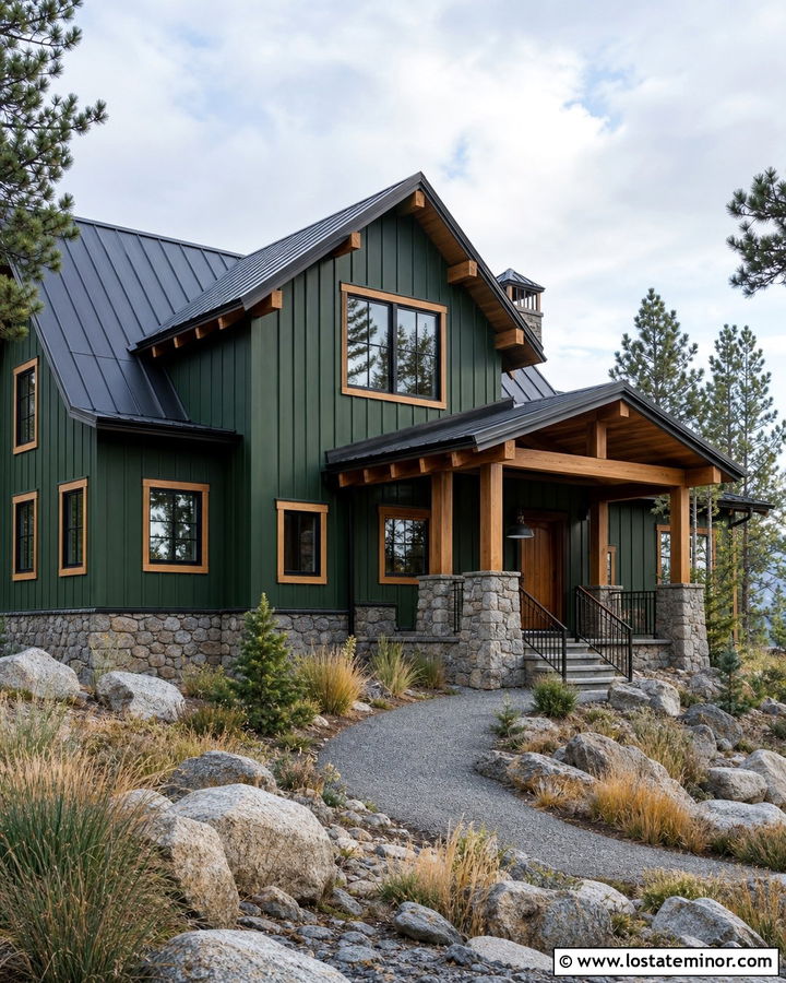 Hunter Green House With Natural Wood Trim And Metal Roof - 30 Hunter Green House Design With Trim Ideas