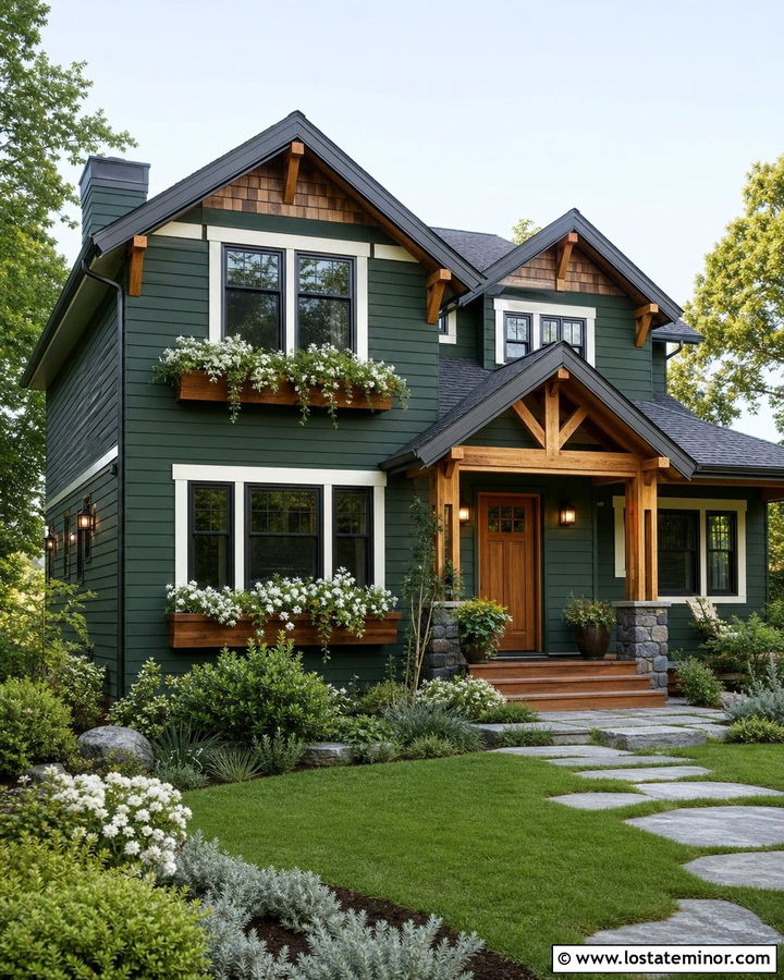Hunter Green House With Natural Wood Window Boxes - 30 Hunter Green House Design With Window Boxes Ideas