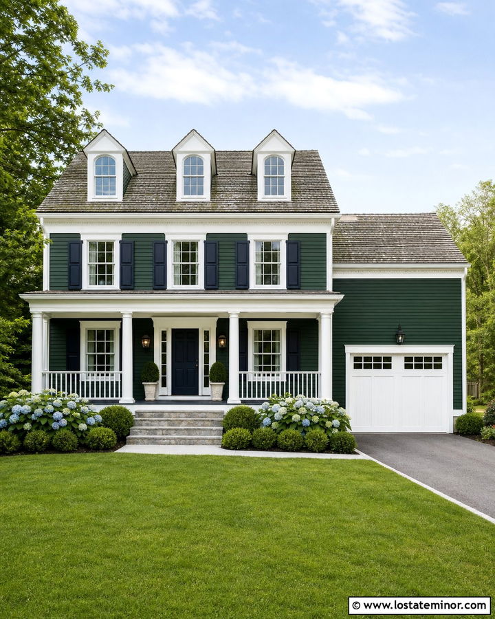 Hunter Green House With Navy Trim And White Columns - 30 Hunter Green House Design With Trim Ideas