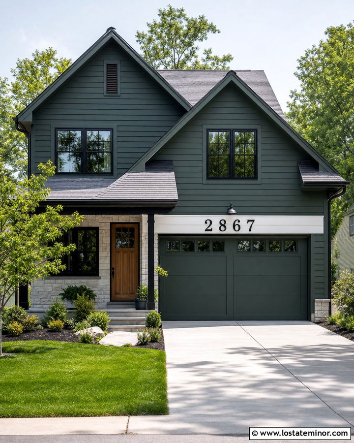 Hunter Green House With Numbers Above The Garage - 30 Hunter Green House Design With House Numbers Ideas