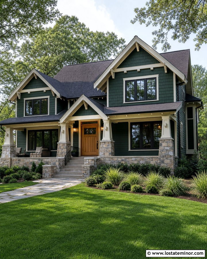 Hunter Green House With Oak Door And Stone Columns - 30 Hunter Green House Design With Porch Columns Ideas