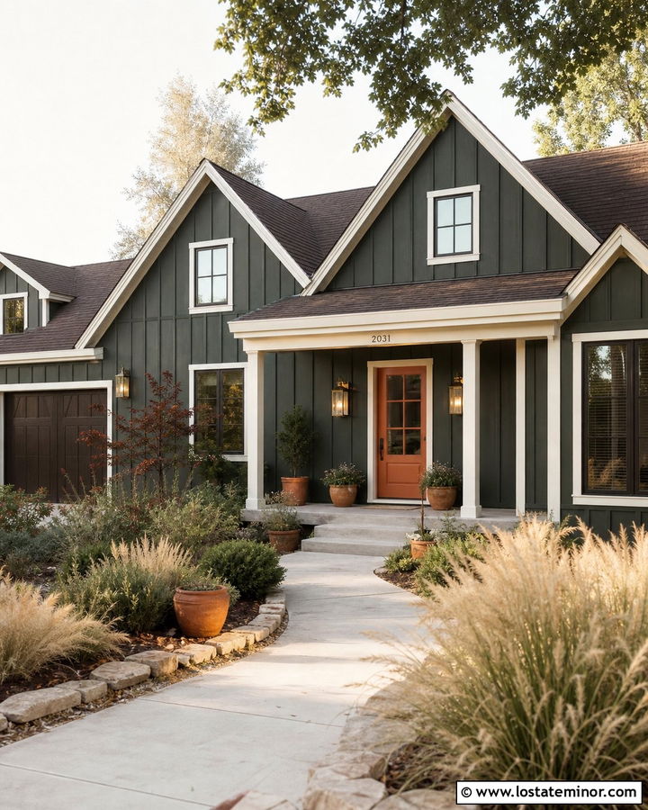 Hunter Green House With Orange Door And Brass Lights - 30 Hunter Green House Design With Light Fixtures Ideas