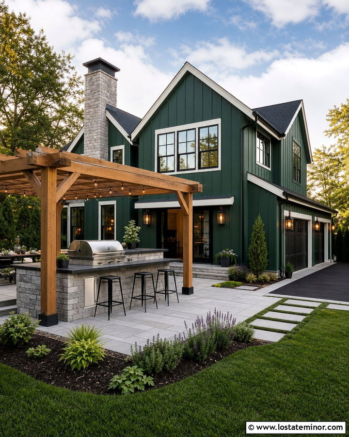 Hunter Green House With Outdoor Kitchen Pergola - 30 Hunter Green House Design With Pergola Ideas