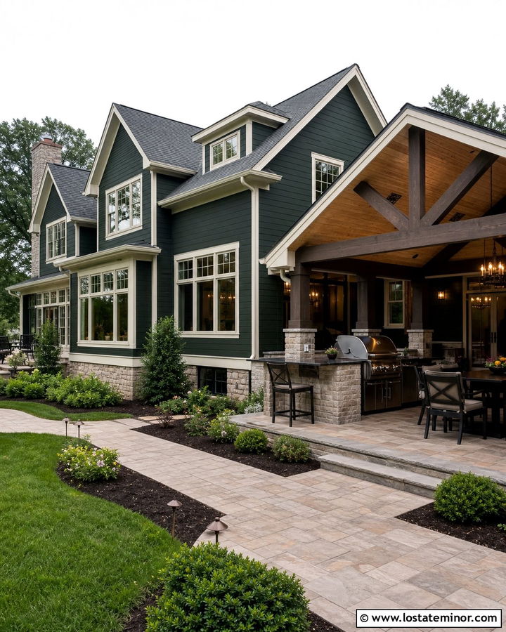 Hunter Green House With Outdoor Kitchen - 30 Hunter Green House Design With Backyard Ideas