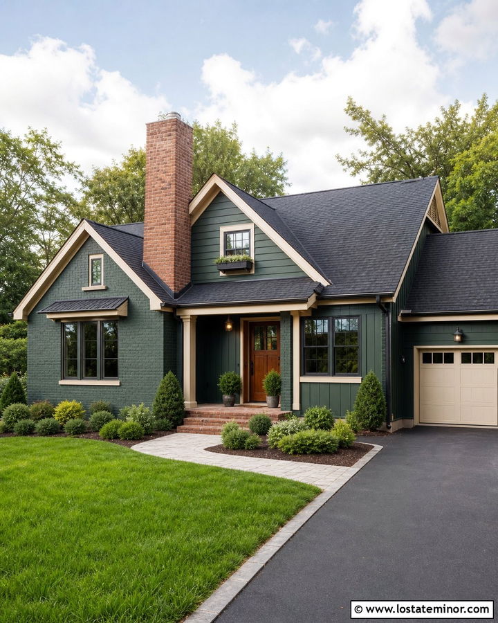 Hunter Green House With Painted Brick Accents - 30 Hunter Green House Design With Brick Accents Ideas