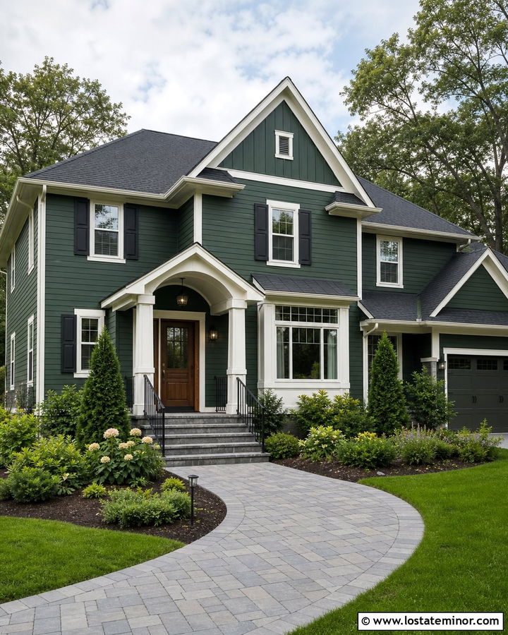 Hunter Green House With Paver Steps And Walkway - 30 Hunter Green House Design With Steps Ideas