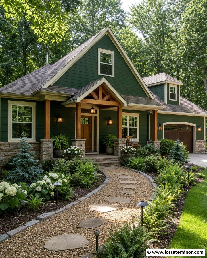 Hunter Green House With Pea Gravel Walkway - 30 Hunter Green House Design With Walkway Ideas