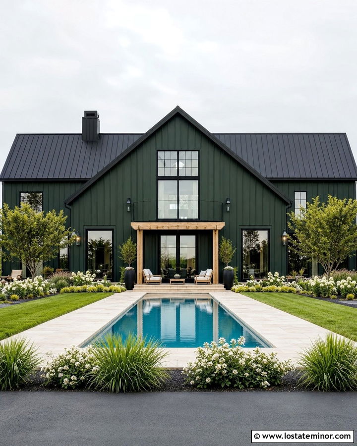Hunter Green House With Pool And Black Trim - 30 Hunter Green House Design With Swimming Pool Ideas