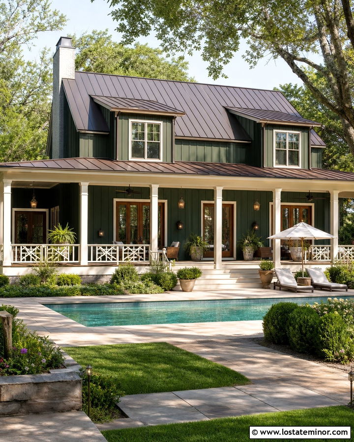 Hunter Green House With Pool And Covered Porch - 30 Hunter Green House Design With Swimming Pool Ideas