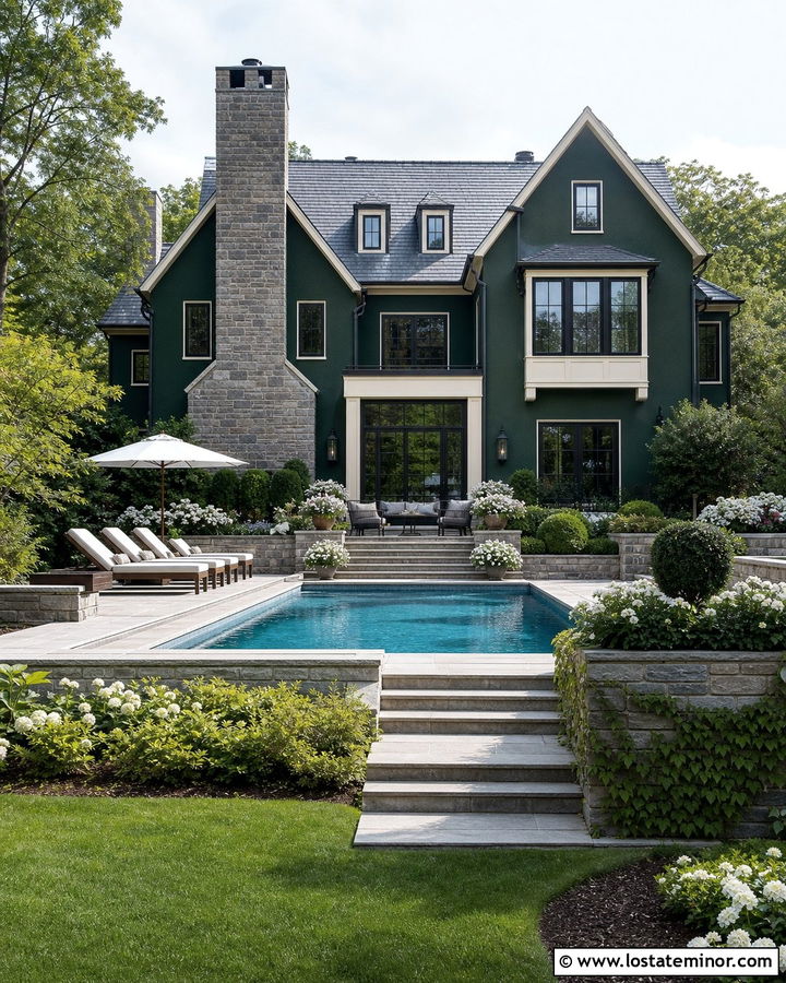 Hunter Green House With Pool And Stone Wall - 30 Hunter Green House Design With Swimming Pool Ideas