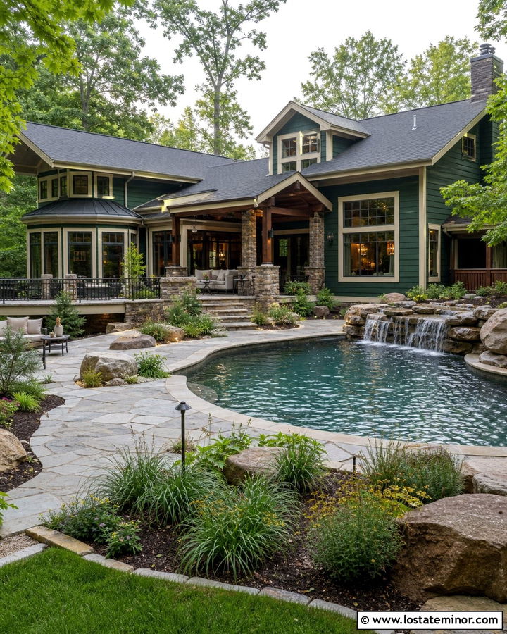 Hunter Green House With Pool And Waterfall - 30 Hunter Green House Design With Swimming Pool Ideas