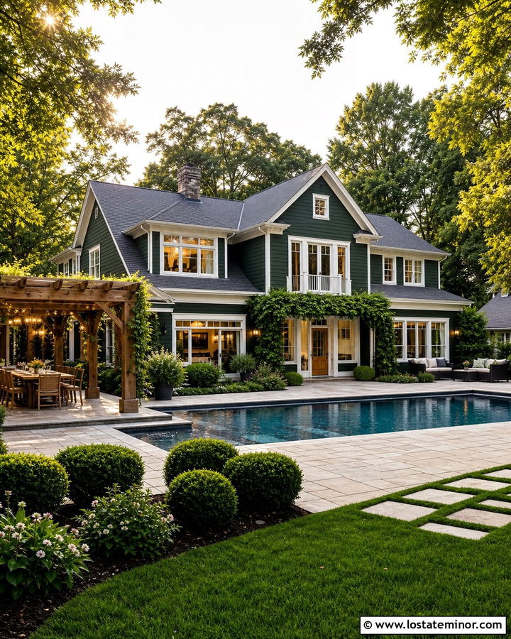 Hunter Green House With Poolside Pergola - 30 Hunter Green House Design With Swimming Pool Ideas