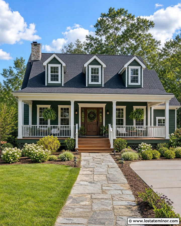 Hunter Green House With Porch And Dormers - 30 Hunter Green House Design With Dormers Ideas